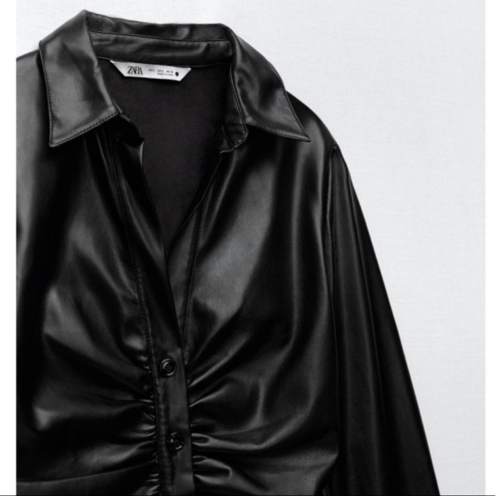Zara faux leather cinched black top blouse button up.
